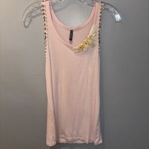 Y2K Charlotte Russe Women's Pink Tank-Top Embellished Pearl Crystal Flower